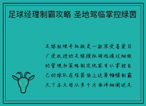 足球经理制霸攻略 圣地驾临掌控绿茵